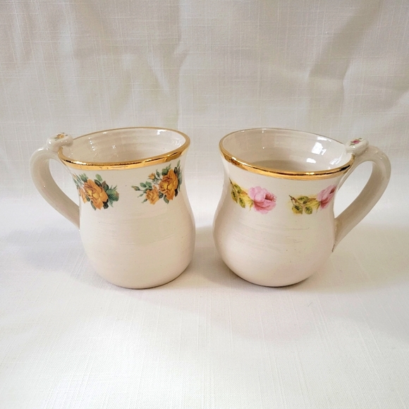 Vintage Handmade Pottery Mugs Gorgeous Rose & Gold Rim Mug set of 2 - Picture 4 of 16